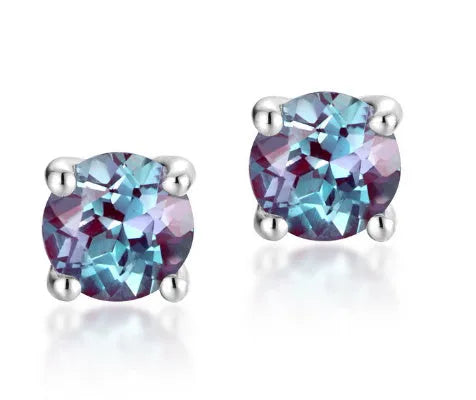 Simple round geometric 925 silver ear studs with a cultivate Alexandrite stone for women.