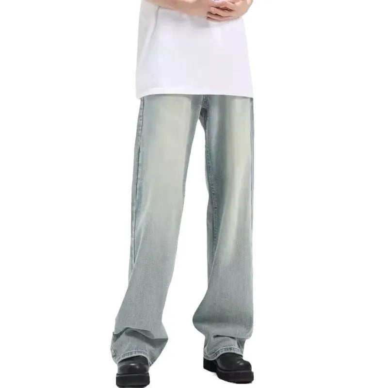 Blue loose-fit retro casual trousers made from rabbit fur with an elasticated waist.