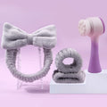 Facial brush set with plastic handle, nylon bristles, coral fleece hair band in purple colour option