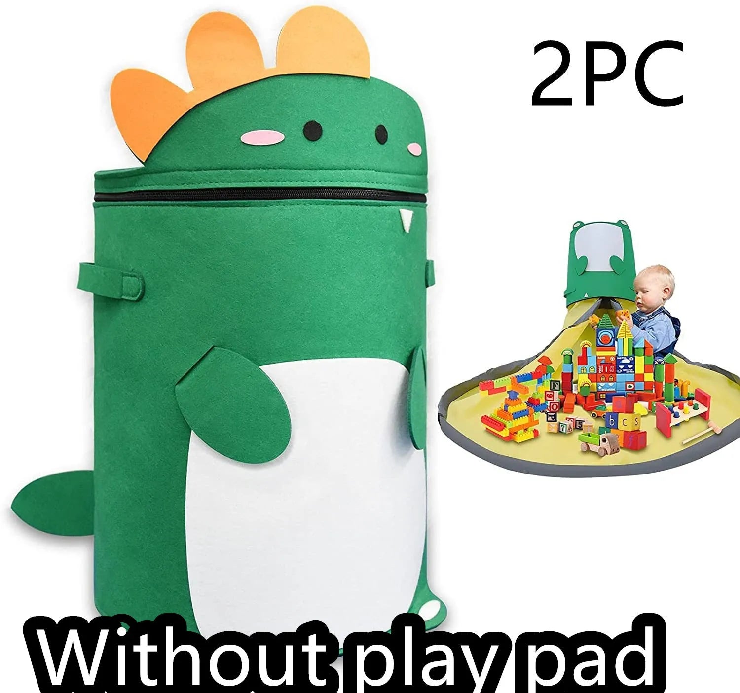 Green felt cube storage bag with pull rope, shown both as a flat play mat and gathered toy bag