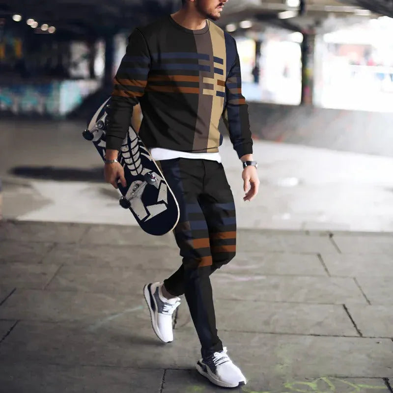 Men's casual printed polyester suit set with jacket and trousers in a neutral colour