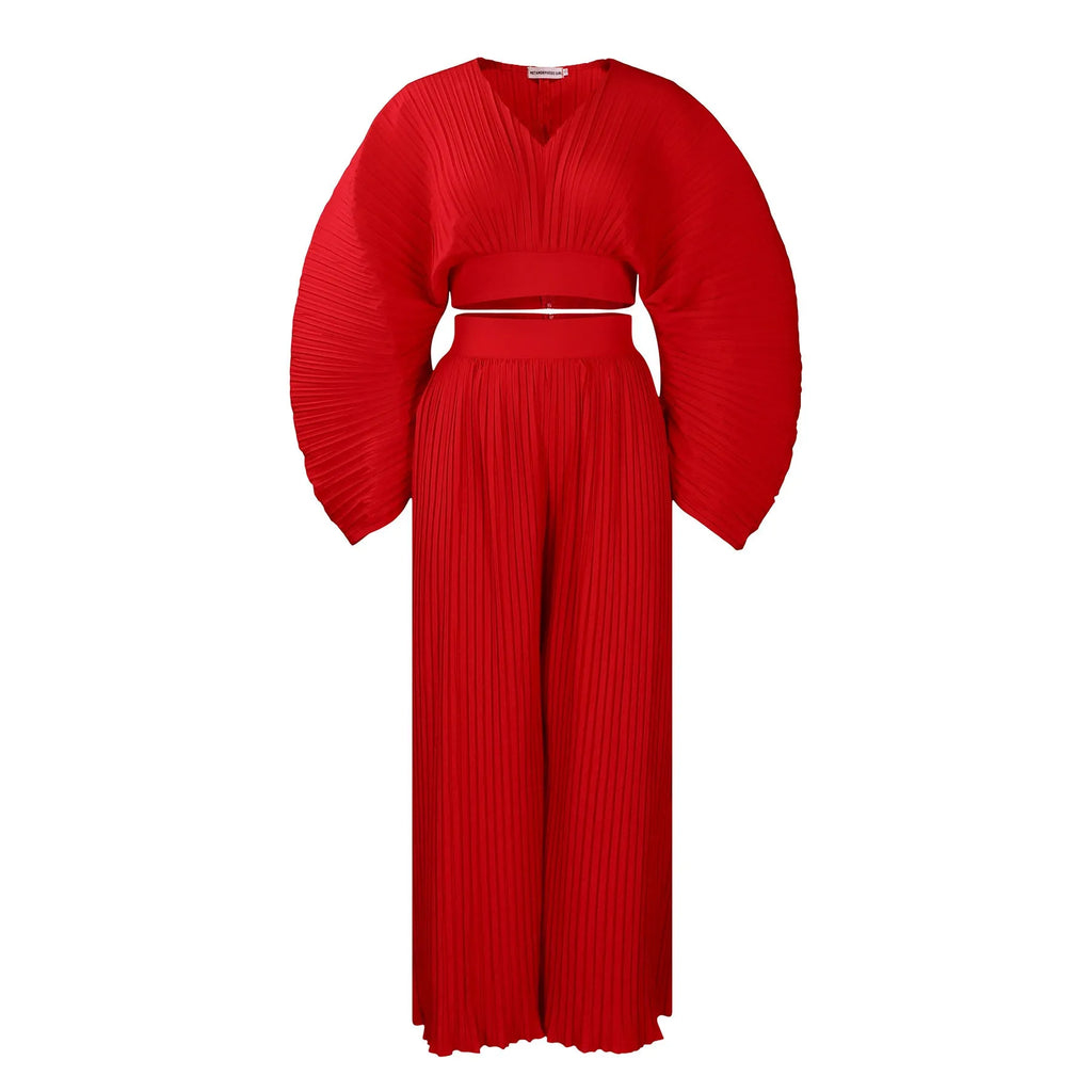 Women's African print two-piece suit set with batwing sleeve blouse and wide leg trousers in red.