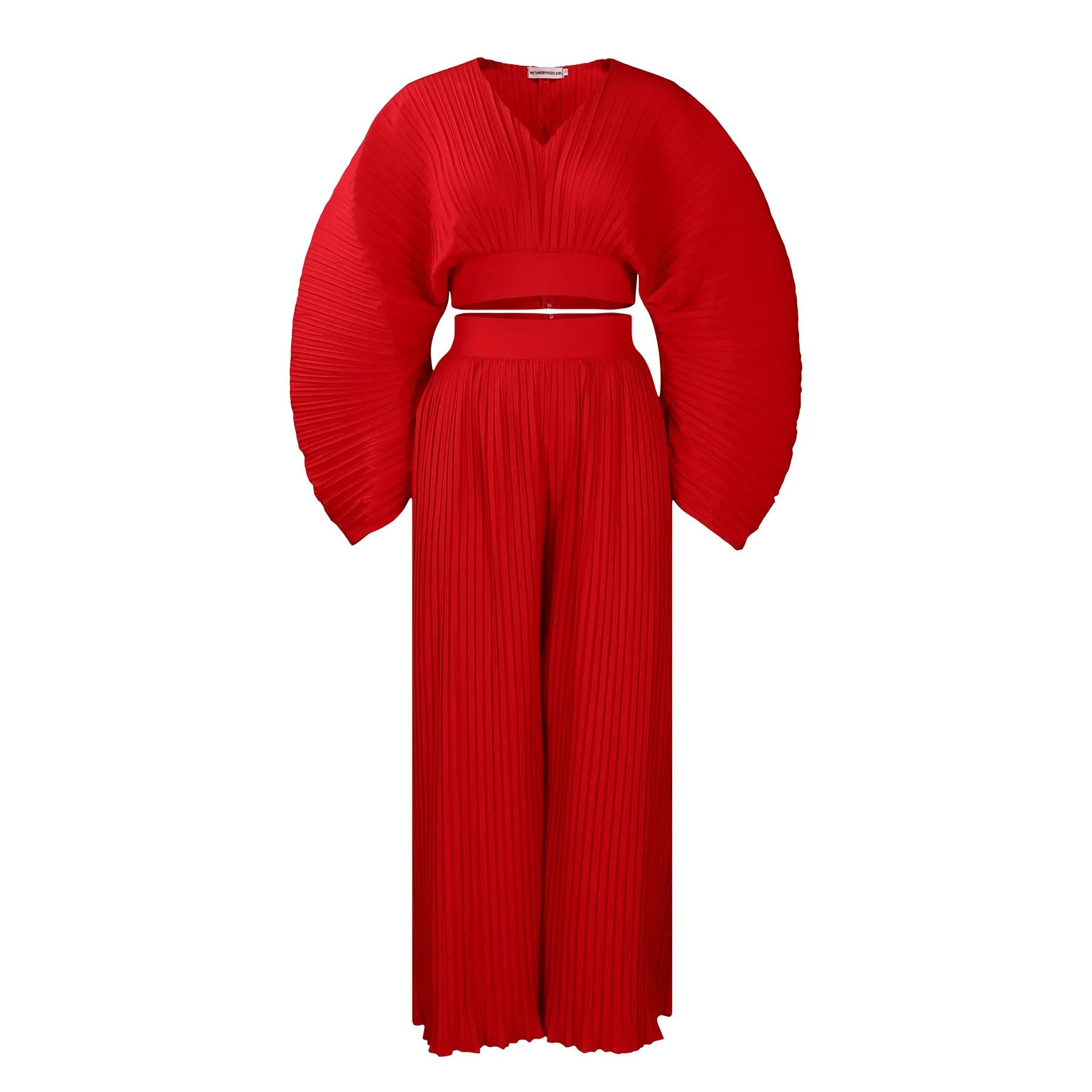 Women's African print two-piece suit set with batwing sleeve blouse and wide leg trousers in red.
