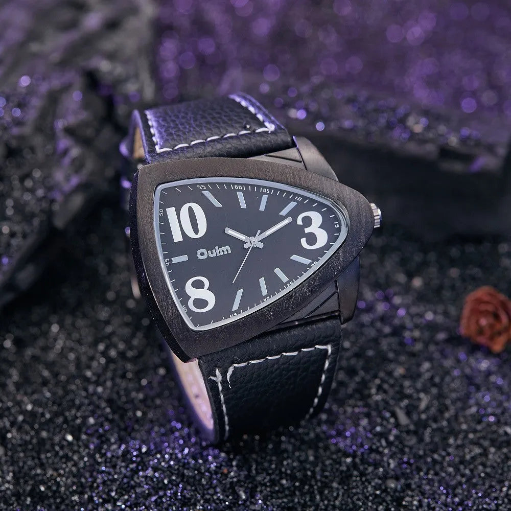 Men's casual wristwatch with a distinctive triangle-shaped strap on a wrist