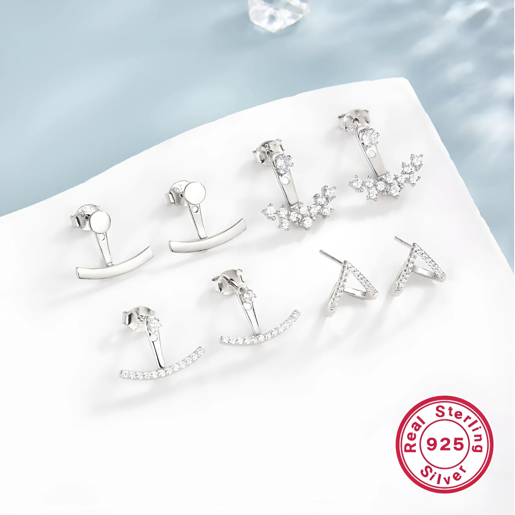 925 silver smile earrings with French diamond-embedded continuous stone setting, geometric U-shape, on a light background