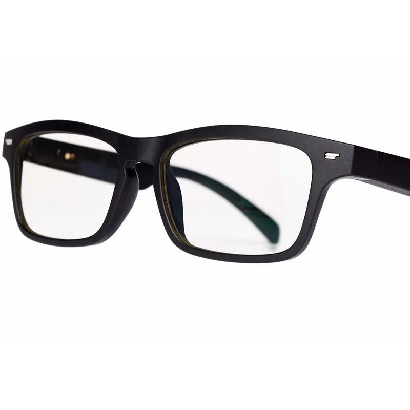 Unisex Bluetooth compatible smart glasses with open-ear design on a glasses case, with USB cable.