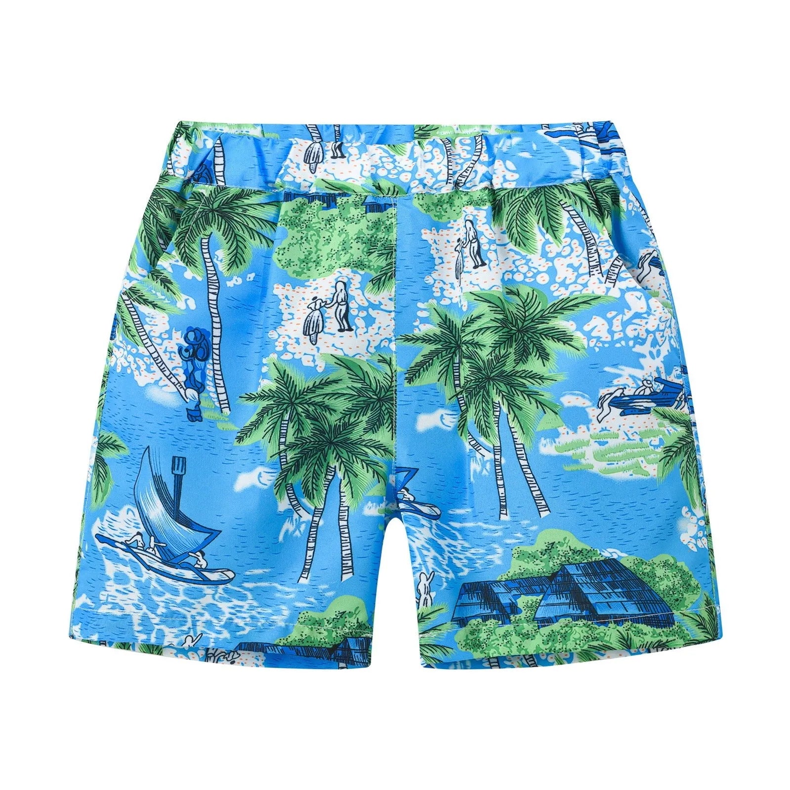 Children's elastic waist beach shorts with colourful coconut tree print, shown in shorts length.