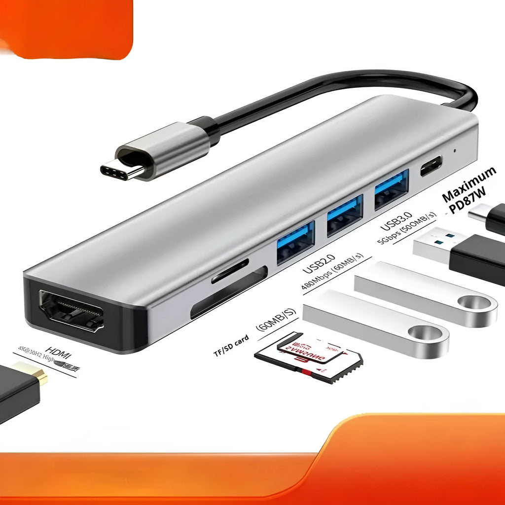 Silver aluminium USB-C 7-in-1 expansion dock with HDMI, USB ports, SD slots, and a 15cm cable.