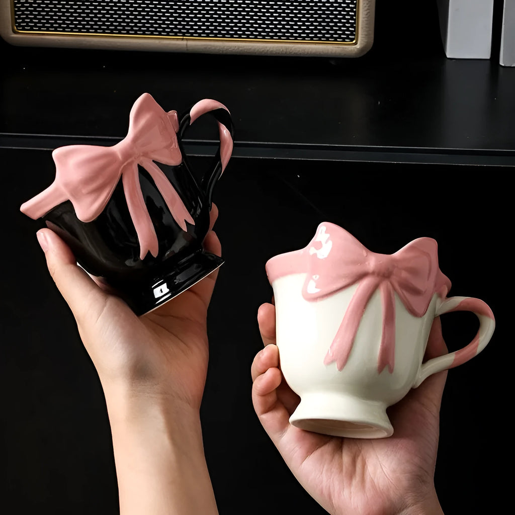 Original design ceramic heart bow mug in black pink or white powder colour with 301-400ml capacity