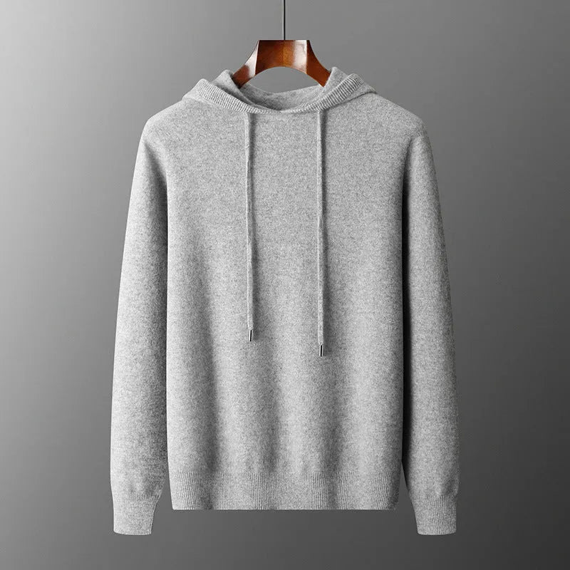 Men's light grey cashmere hoodie and matching trousers casual set laid flat.