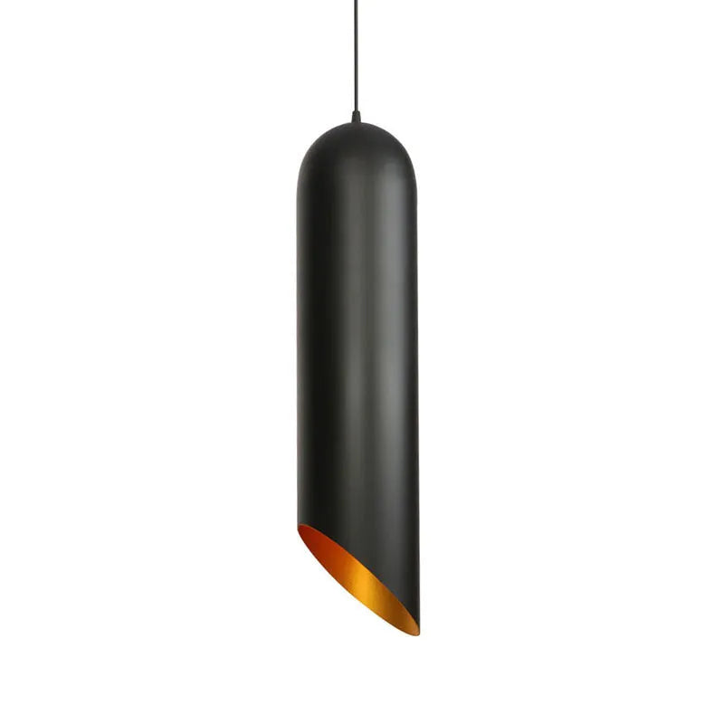 Matte black wrought iron retro chandelier ceiling light with a visible suspension rod and bulb holder.