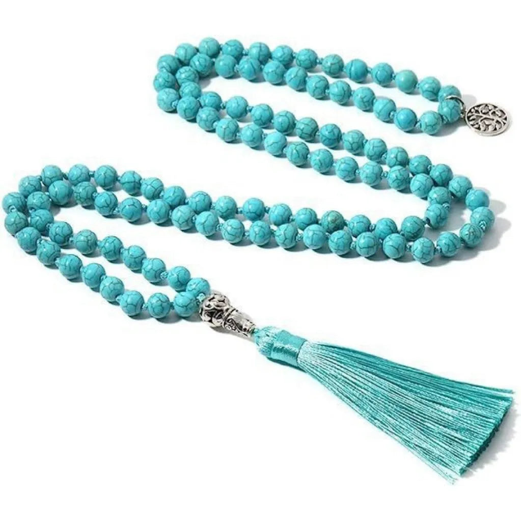 Handmade natural stone beaded necklace with 108 8mm beads showing geometric shape and 81cm length