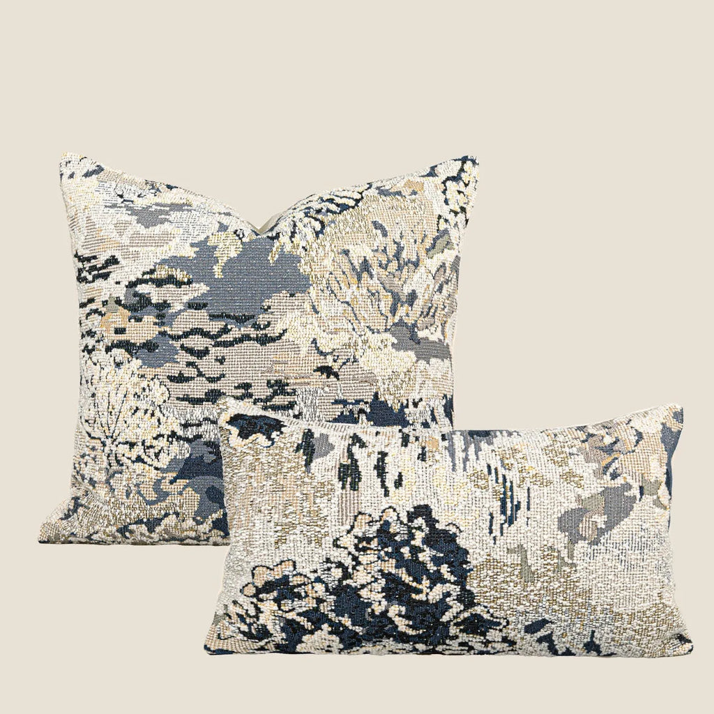 Antique blue floral artistic pattern on a square and a bolster decorative pillowcase.