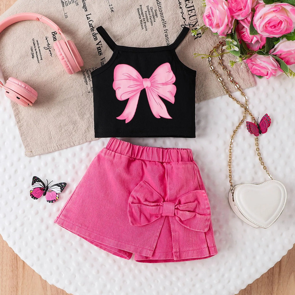 Baby girl wearing cotton bow print sling irregular pantskirt suit in blue for summer