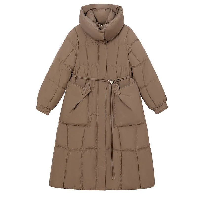 Women's knee-length padded jacket waist-cinching thicken coat in black with pockets