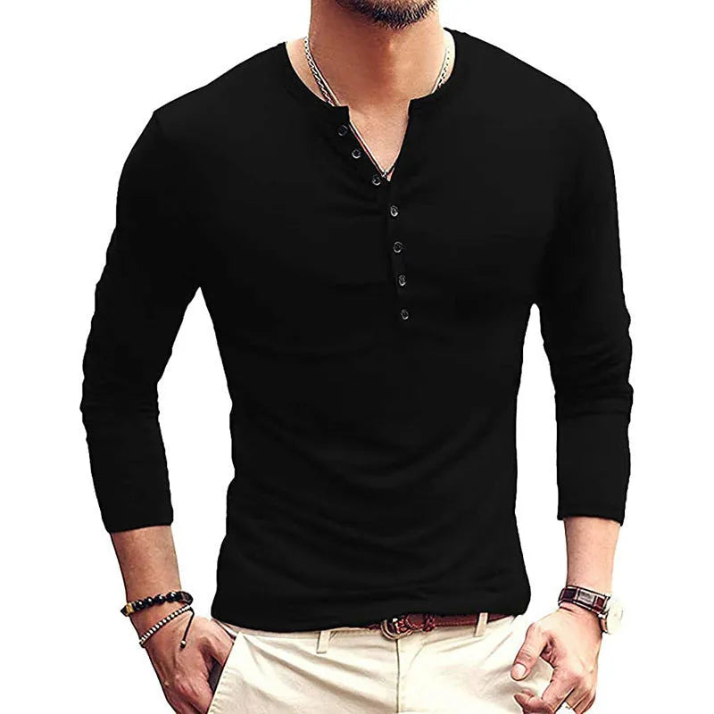 Men's solid colour long-sleeved henley neck t-shirt in cotton-blend fabric