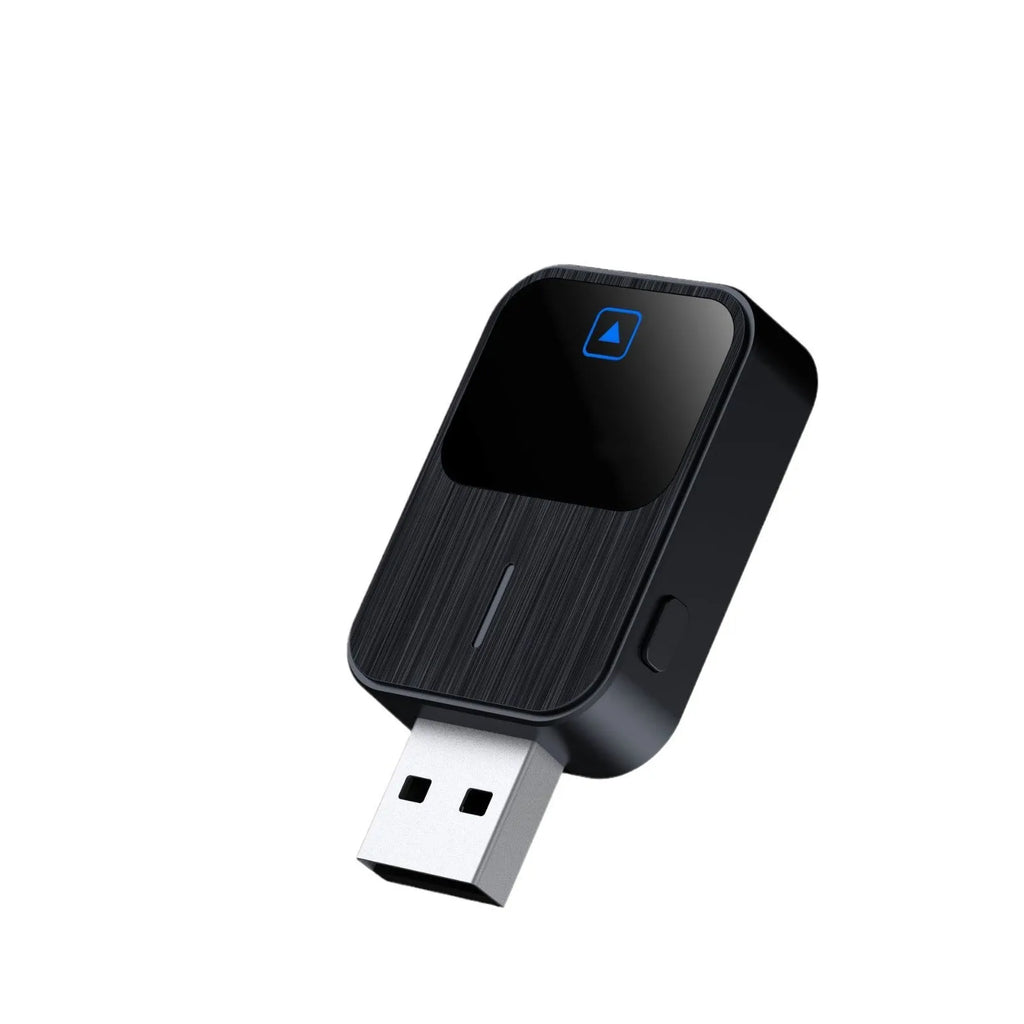 Black CarPlay Android Auto two-in-one adapter with metal ABS casing, 2.5x4.9x1.0cm, next to USB cable