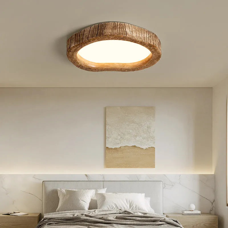 Round wood grain finish ceiling lamp in new Chinese style with integrated LED lights.