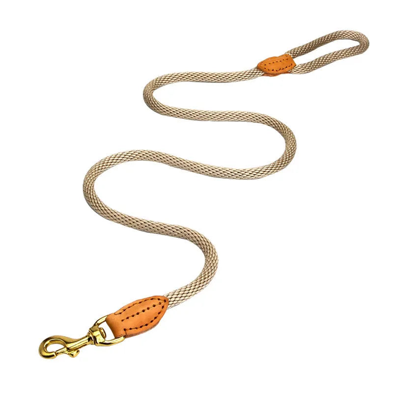 Black nylon dog hand holding rope leash shown with clip and integrated hand loop, size options available.