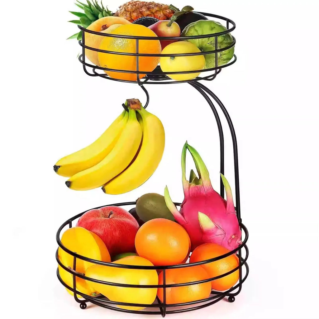 Black and gold double-layer wrought iron fruit storage basket with two tiers.