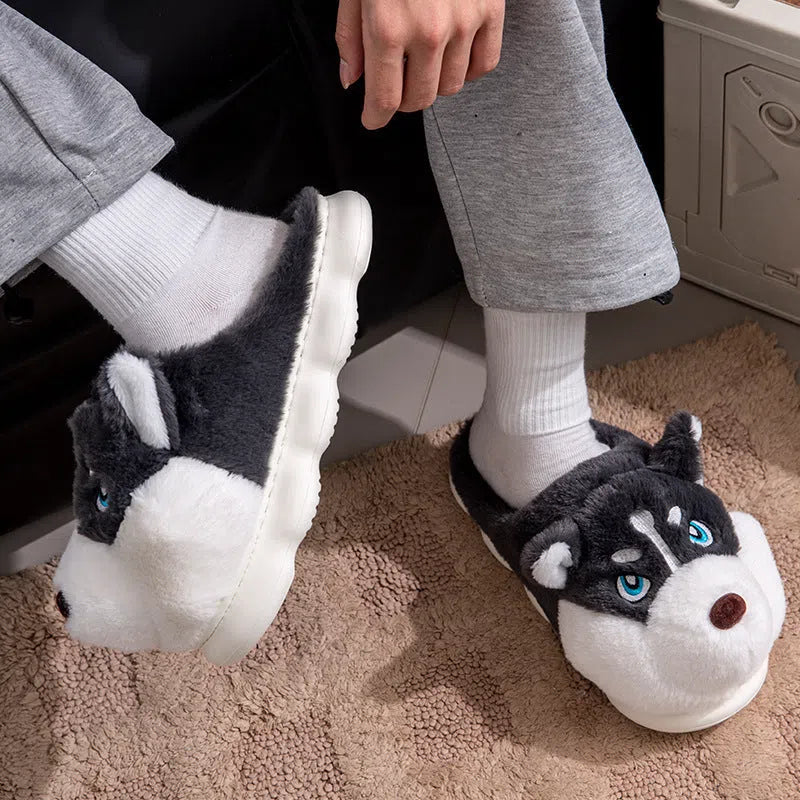 Cute Husky cartoon pure cotton slippers for men and women, warm indoor winter footwear in dark gray