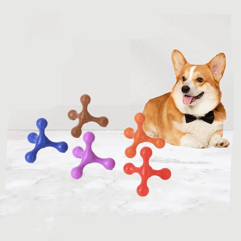 Three-legged silicone chew toy for dogs in blue, green, purple, red colours