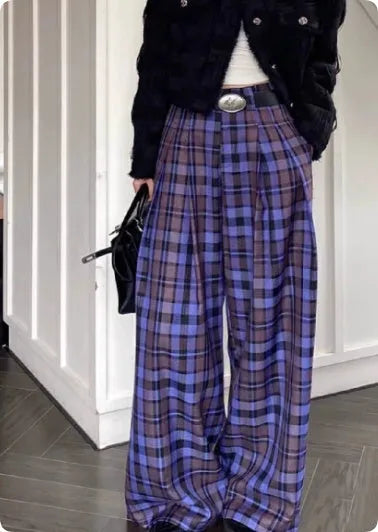 Purple plaid wide-leg high-waisted long trousers in Hong Kong retro style, sizes S to 4XL