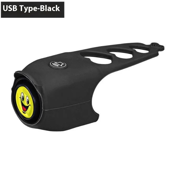 Plastic electronic bicycle horn in six colour choices showing compact size for handlebar mounting.