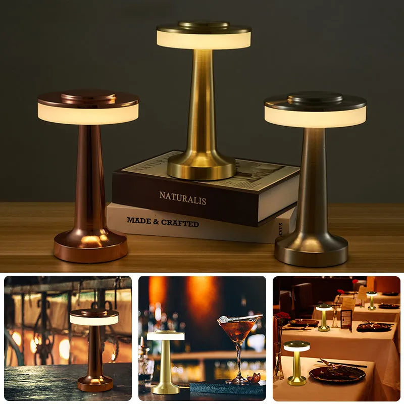 Wireless rechargeable touch sensor mushroom table lamp in gold with acrylic shade