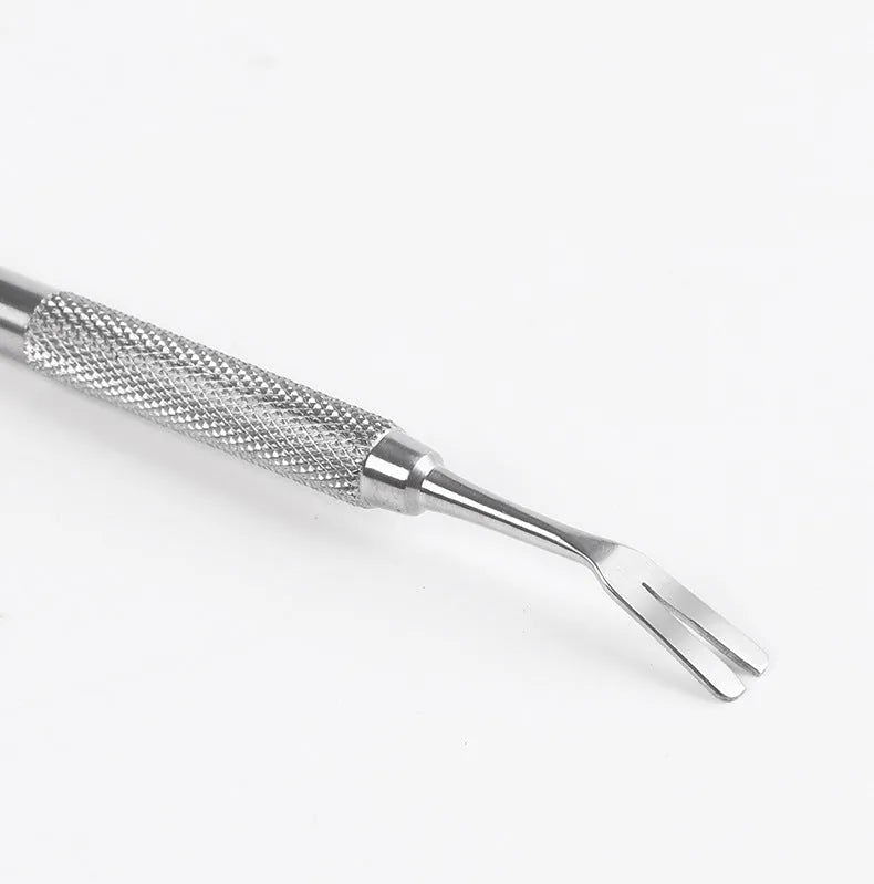 Close-up of stainless steel tick removal tweezers with fine tip and ergonomic handle for pets.