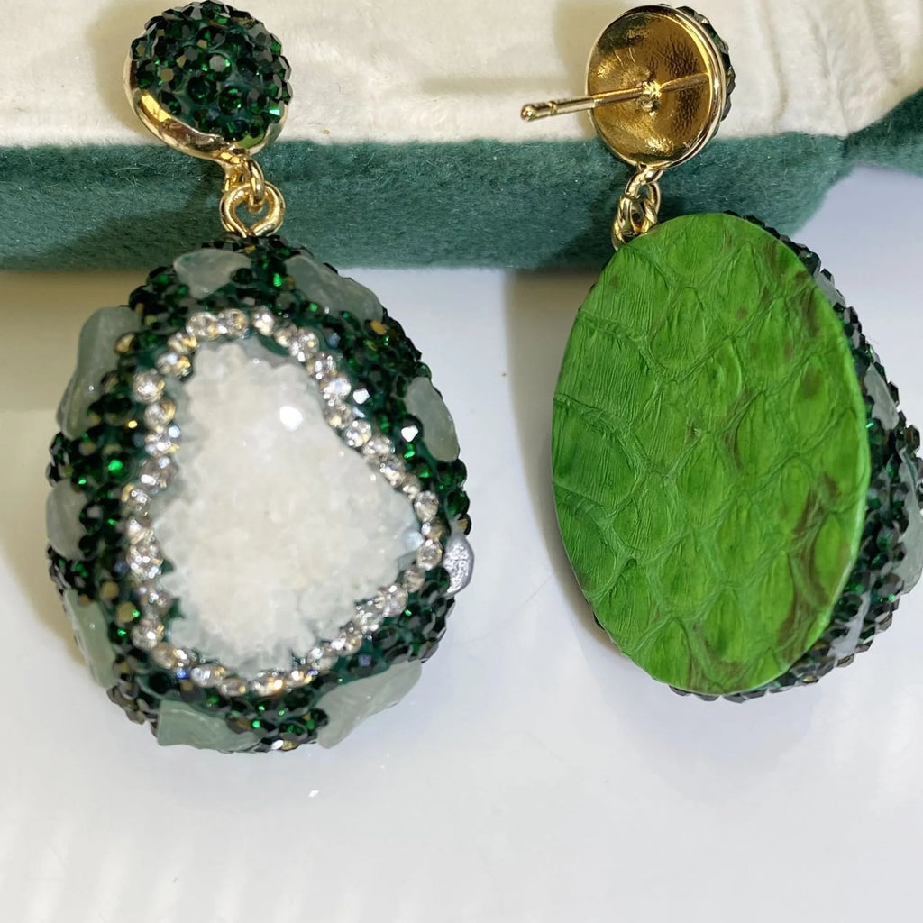 Pair of dark green geometric copper crystal bud inlaid emerald earrings