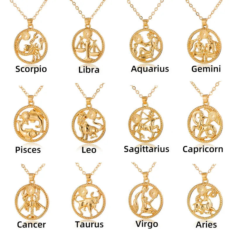 Simple alloy zodiac pendant necklace featuring twelve constellations including Aries, Taurus, Gemini, Cancer, Leo, Virgo, Libra, Scorpio, Sagittarius, Capricorn, Aquarius, and Pisces