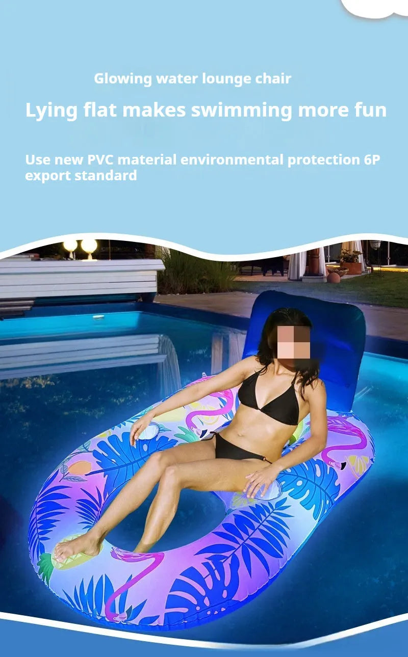 White luminous inflatable pool floating bed with backrest recliner on blue water