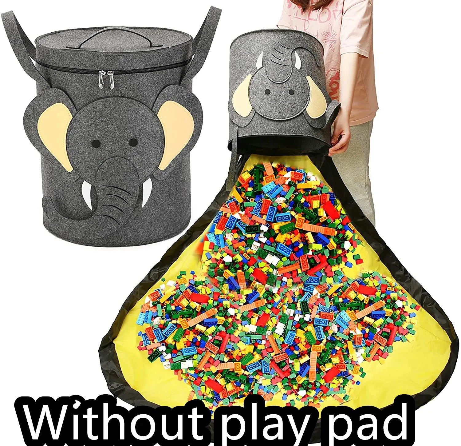 Green felt cube storage bag with pull rope, shown both as a flat play mat and gathered toy bag