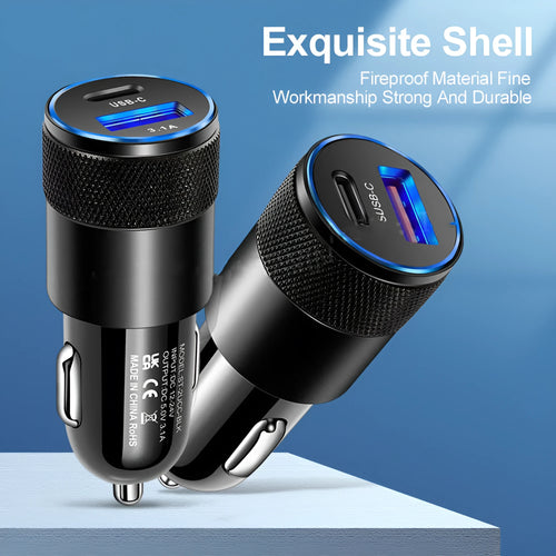 Aluminium alloy mobile phone car charger showing compact 2.5 by 6cm dimensions