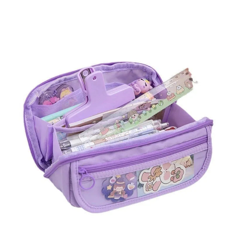 Open ten-layer flip canvas pencil case in multiple colours showing internal compartments.