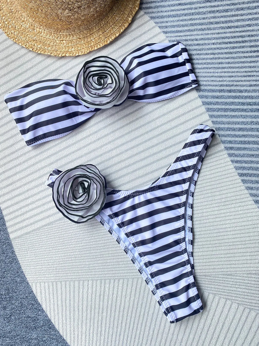 Women's swimsuit bikini set with tube top and floral design split shorts in polyester fabric