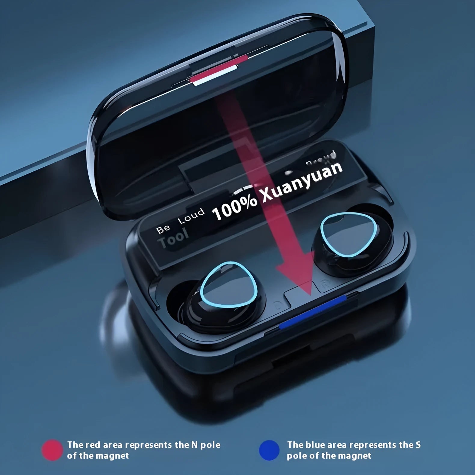 Black wireless Bluetooth earbuds with digital display charging case and magnetic charging