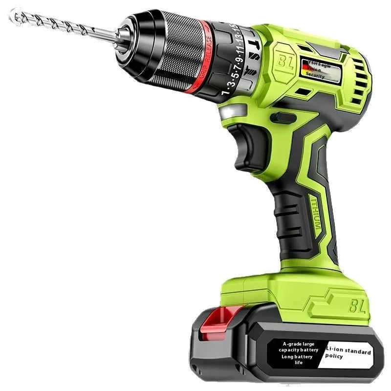 21V brushless impact drill with 300W power, 10mm chuck, and 150 Nm torque for wood, steel, and concrete