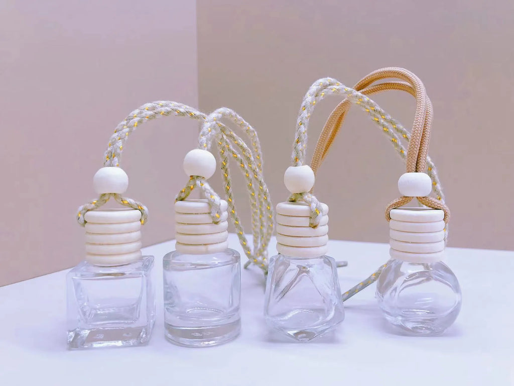 Car perfume pendant fragrance in glass bottle with cylinder, diamond, flat drum and square style options
