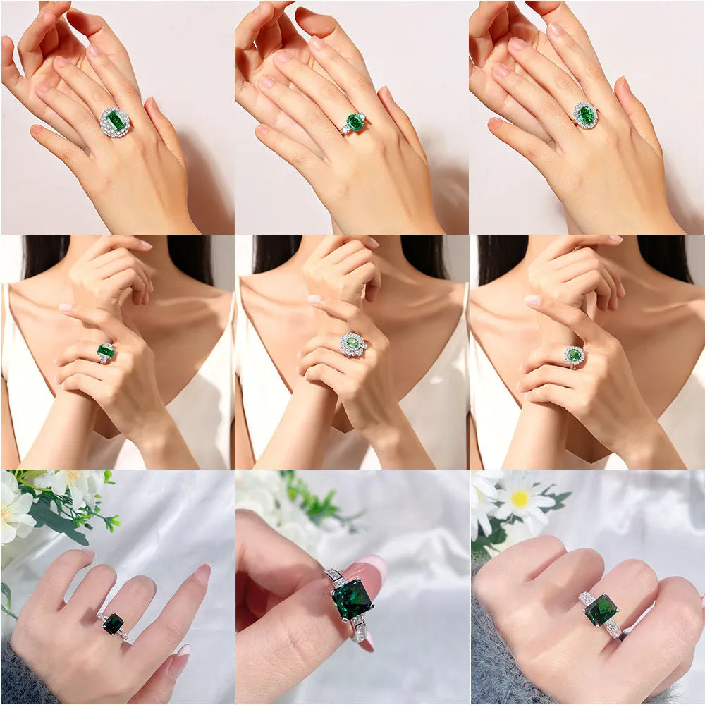 S925 sterling silver geometric ring with ellipse emerald stone and Palaibahao diamond accent on a model's finger.