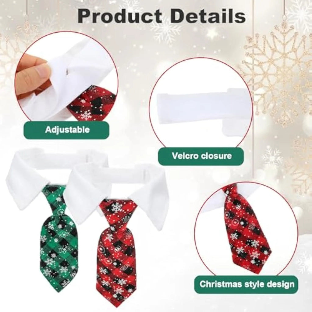 Christmas dog necktie with red plaid snowflake pattern on a small dog for festive wear