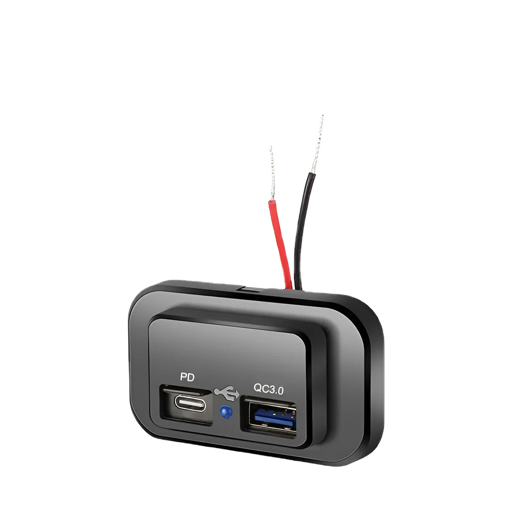 Black QC3.0 and PD fast car charger with Type-C port for 12V sockets.