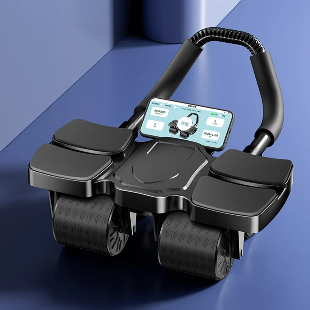 Black four-wheel abdominal roller with automatic rebound mechanism on a wooden floor