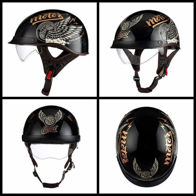Retro half face motorcycle helmet in Bright Black Whirlwind Dog colour with UV visor