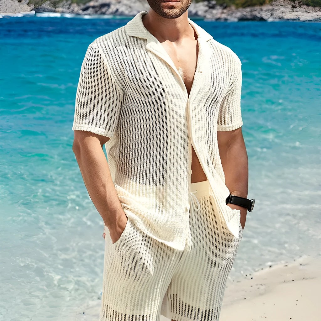 Men's light yellow retro stripe Henley shirt with cardigan lapel and short sleeves, regular fit
