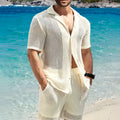 Men's light yellow retro stripe Henley shirt with cardigan lapel and short sleeves, regular fit