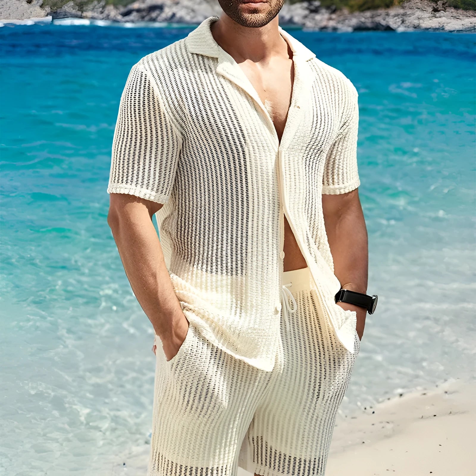 Men's light yellow retro stripe Henley shirt with cardigan lapel and short sleeves, regular fit