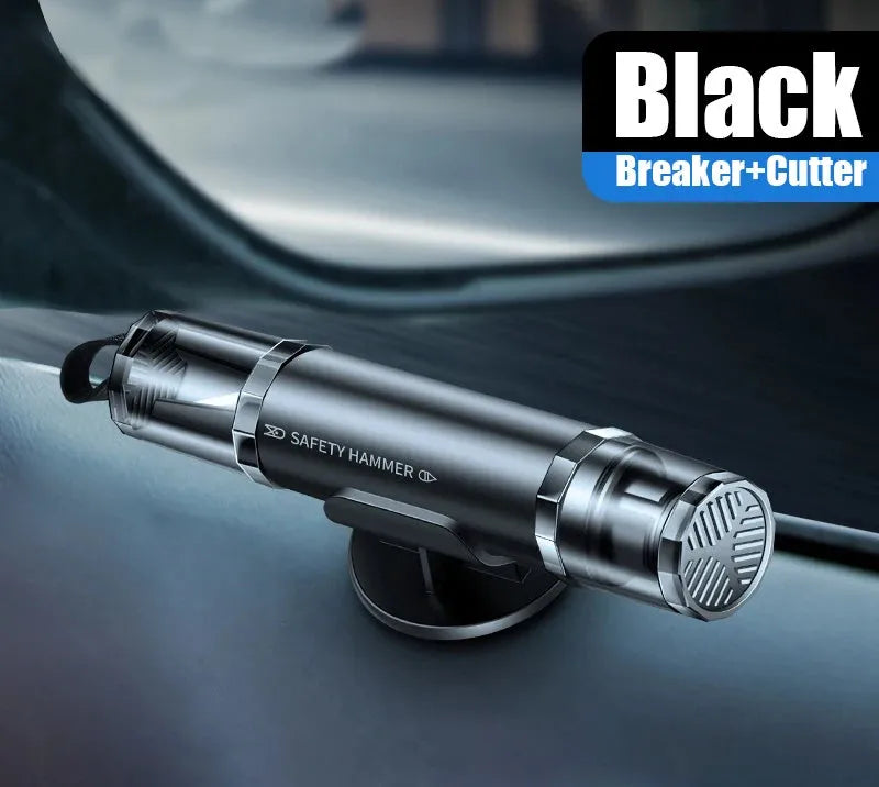 Black and red 2-in-1 car emergency safety hammer with tungsten steel glass breaker tip and seat belt cutter slot