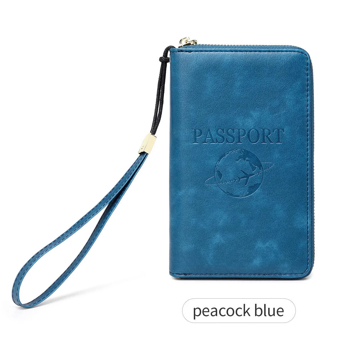 Brown PU travel document wallet with zip, open to show credit card slots and passport space.